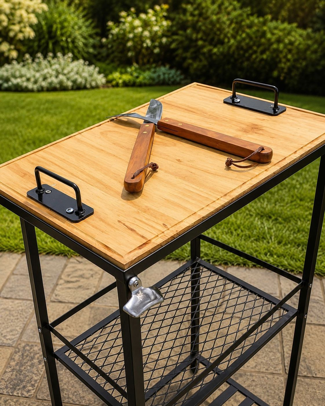 Mesa de apoyo para parrillero artesanal de hierro y madera junto a una parrilla
