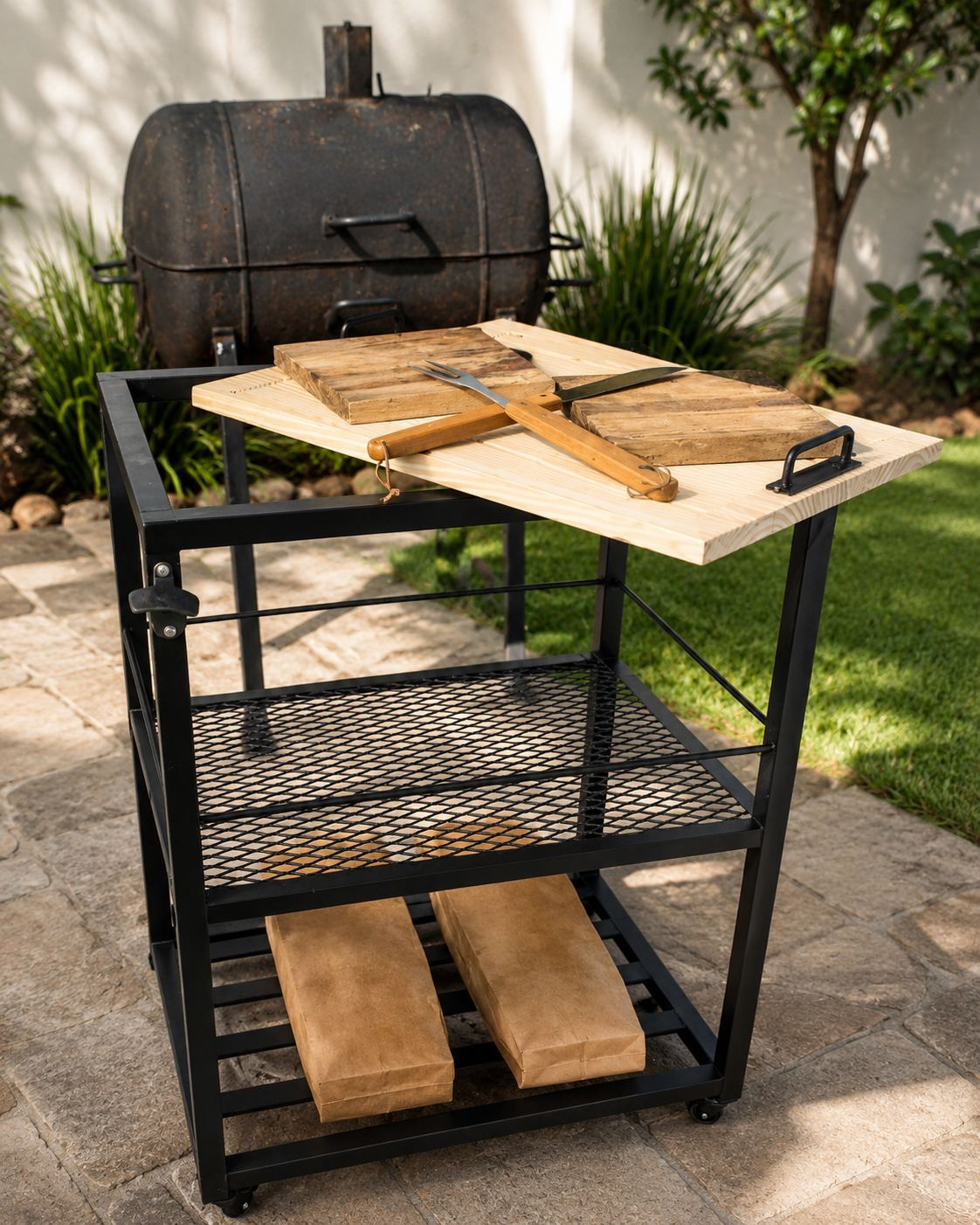 Mesa con tablas, cuchillo y bolsas de carbón